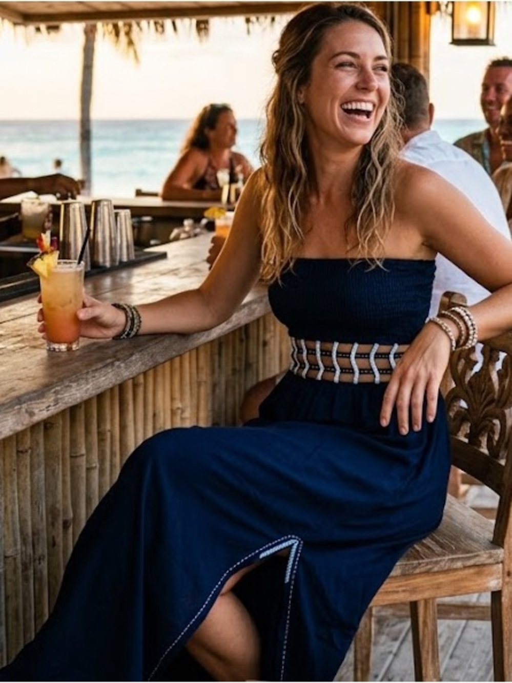Skemo Navy Beaded Lattice Waist Strapless Maxi Dress Cutout Waist – Fits S/M